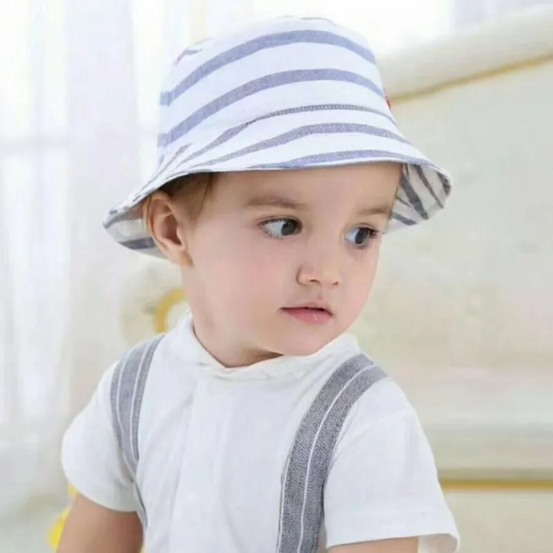 

Baby Boys Bucket Sun Hats Strip Grid Blue Kids Double Sides Hat 0-7T Children Jeans Large Brim Hat For 0-7T Boy Baby Blue Caps