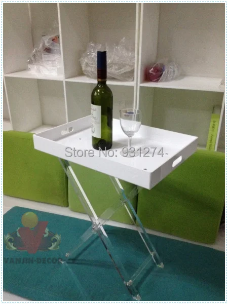 Folding Acrylic Home tray table,White Perspex side sofa table with foldable legs