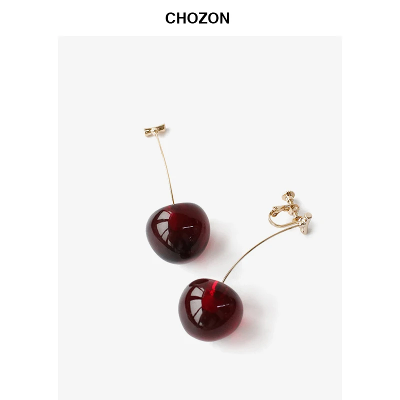 

Creative Cherry Clip Stud Design Faux Resin Stone Transparent Berry Red Earrings Korean Fashion Jewelry