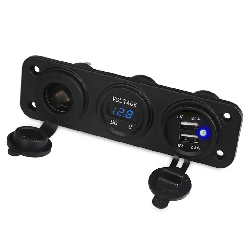 12 V/24 V автомобиль Зарядное устройство мотоцикл Plug Dual USB адаптер-Разветвитель Прикуривателя Цифровой вольтметр 3 отверстия Панель Мощность гнездо 4.2A - Название цвета: Синий