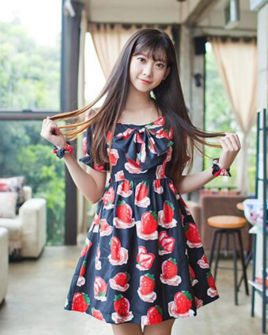 Womens Lolita Strawberry Dress Black Pink Harajuku Cute Sweet Short Sleeve Sleevess Fairy Kei One Piece With Bow Dress Drag Dress Sleeve Ideassleeve Jackets Aliexpress