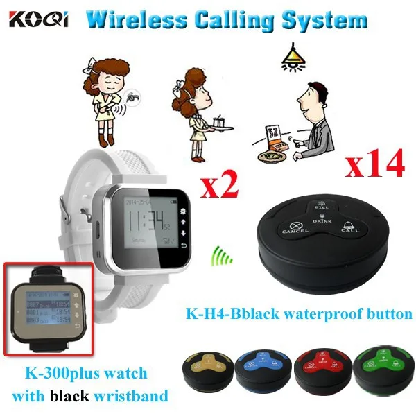 K-300plus+K-H4bblack 2+14 Restaurant Calling System Table Button 2pcs Watch Receiver K-300plus And 14pcs Buzzer K-H4-Bblack Tea Rooms