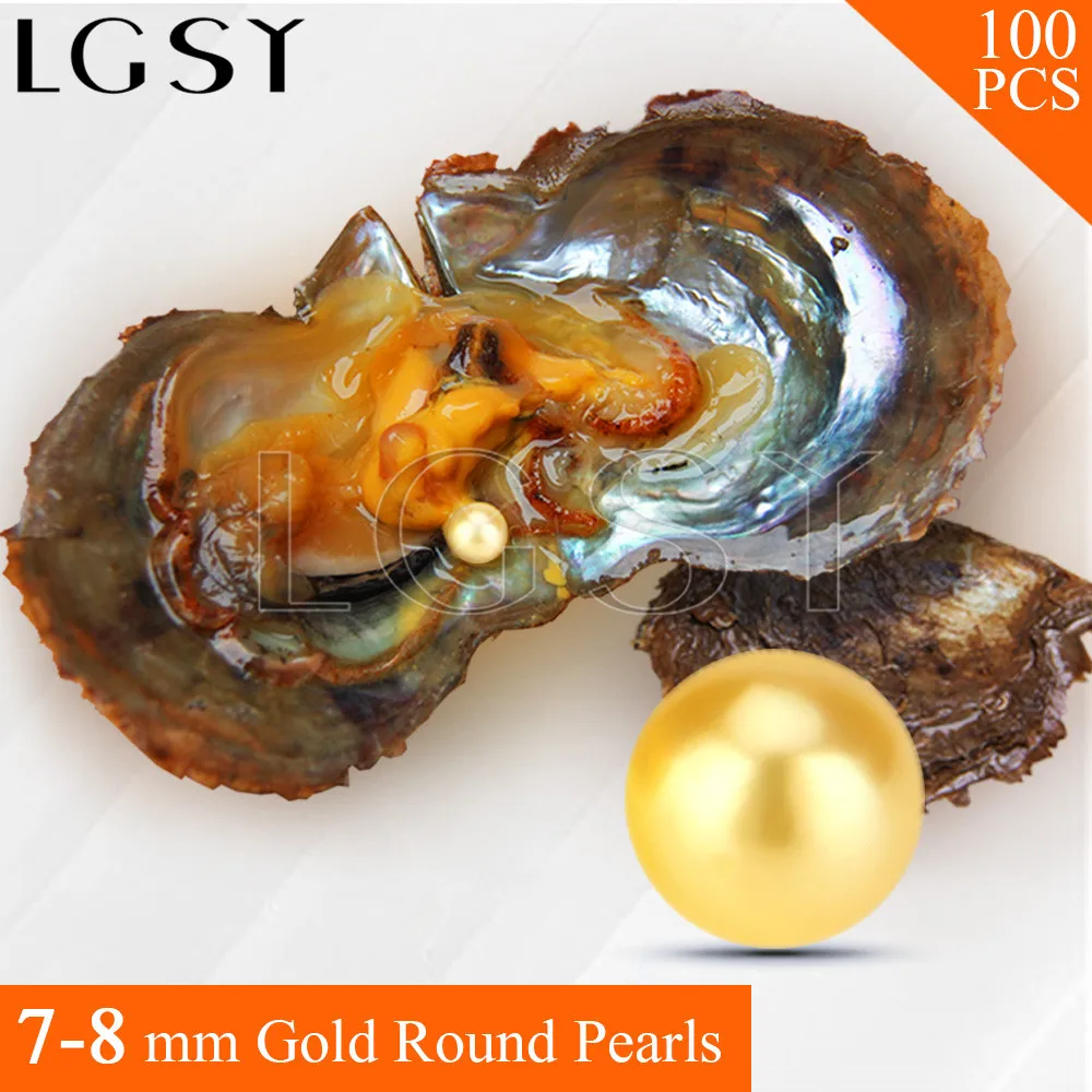 

LGSY Bead Gold 7-8mm round Akoya pearl in oysters with vacuum package for women jewelry making 100pcs