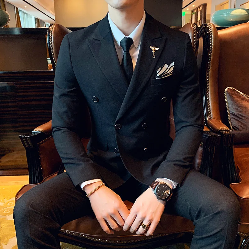 Мужские деловые тонкие однотонные костюмы, двубортные, 3 шт., Trajes De Hombre De Vestir Elegantes, свадебное платье для жениха