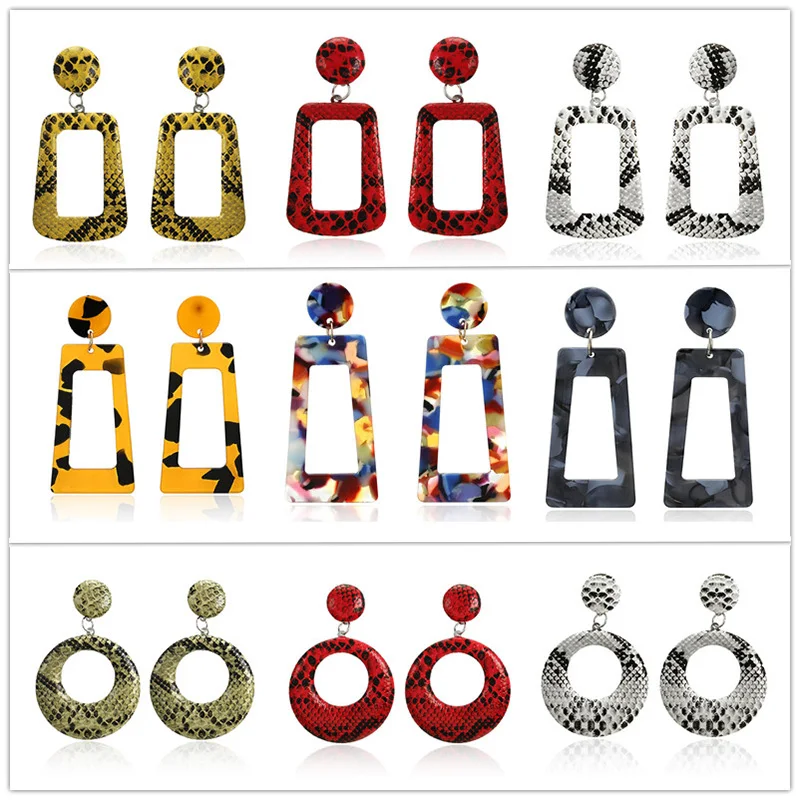 

New Fashion Tortoise Color Leopard Print Acrylic Acetic Acid Sheet Geometric Circle Square Long Drop Earrings for Women