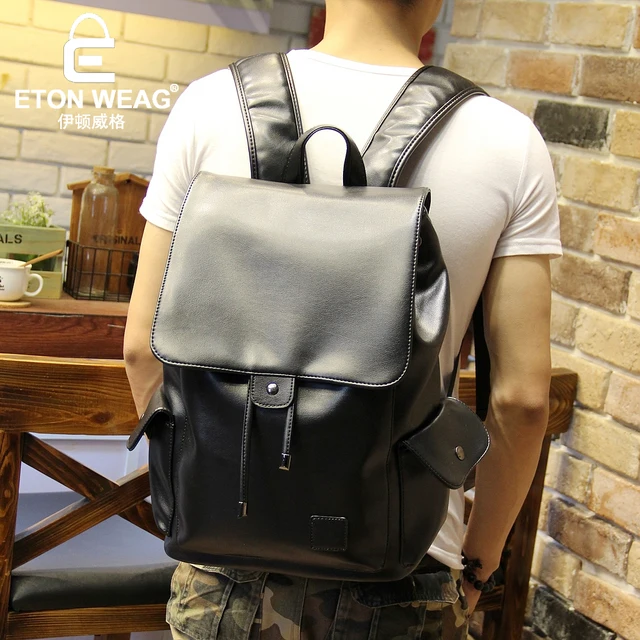 ETONWEAG Brands Italian Leather Backpack Men Black Vintage Drawstring