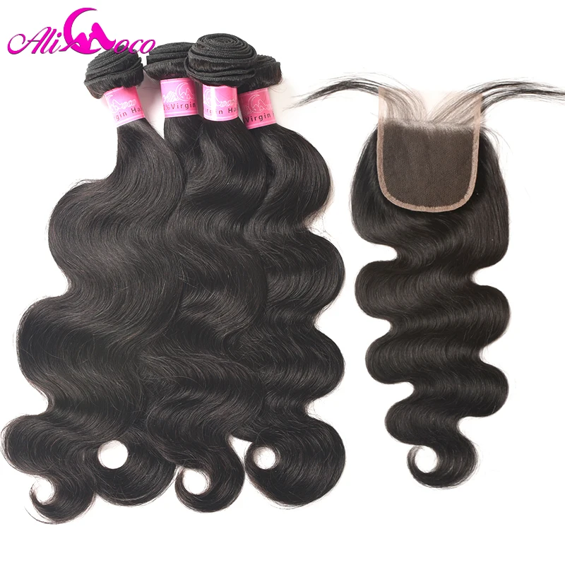 

Ali Coco Peruvian Body Wave 4 Bundles With Closure 5 Pieces/lot 100% Human Hair Bundles With Closure Lace Closure Hair Extension