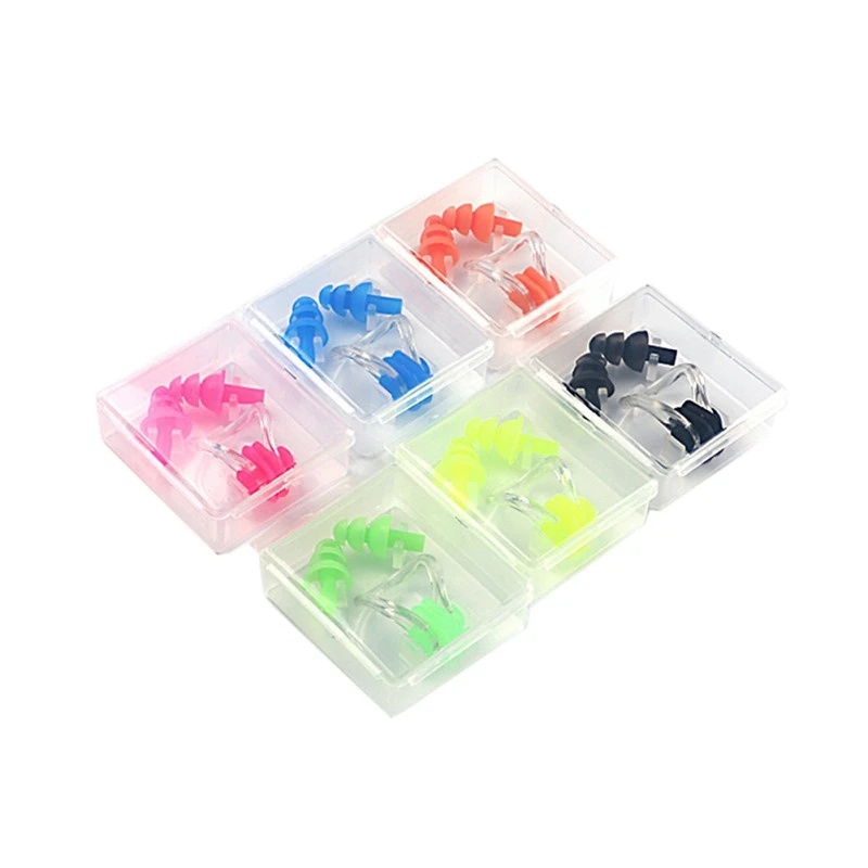 

1 Set Waterproof Soft Silicone Swim Set Nose Clip Soft Ear Plug Diving Reduction Noise With Box Diving Water Swimming Accessorie