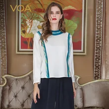 VOA тяжелый шелк размера плюс Бисероплетение Футболка Летучая мышь с длинным рукавом Лоскутная тонкая женская Топы белый базовый Повседневный пуловер Весенняя футболка B107