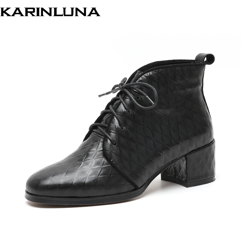 

KARINLUNA new arrivals top quality cow genuine leather lace up chunky heels Boots Women Shoes retro booties Woman ankle Boots