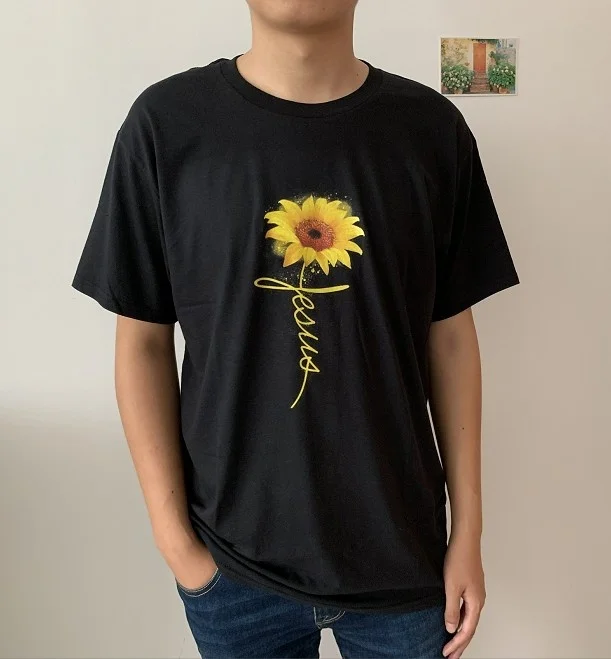kuakuayu HJN Men T Shirt Sunflower Jesus Christian T-Shirt Short Sleeves Summer Casual Black Tee Faith Shirt Gift