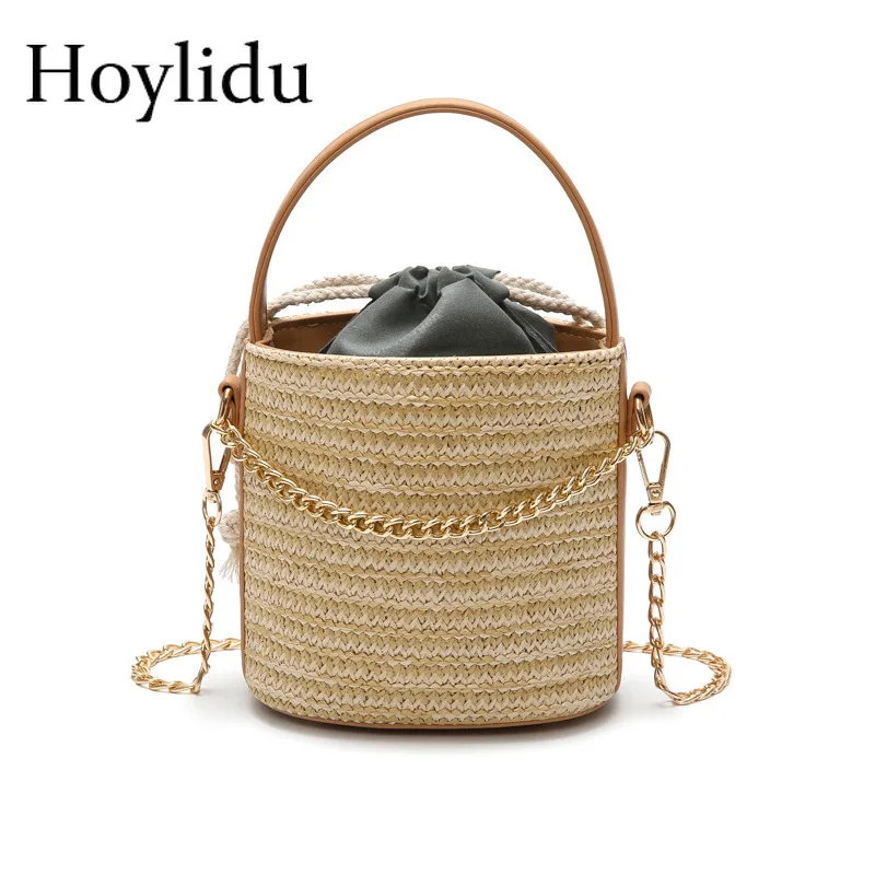 

Bohemian Style Hand-woven Straw Crossbody Bags for Women 2018 Summer Beach Handbag Messenger Bucket Lady Travel Casual Tote Bag