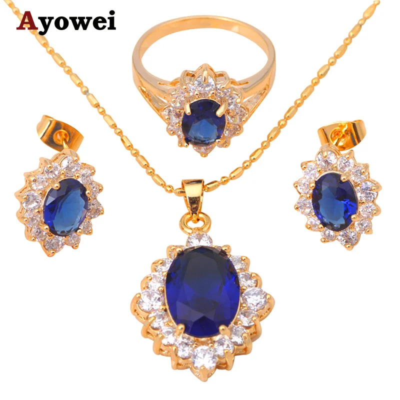 

Gold tone Earring Necklace Ring Blue Zircon Crystal Health Fashion Jewelry Sets Sz #5 #6.5 #5.5 #7.5 #8 #8.5 JS132A