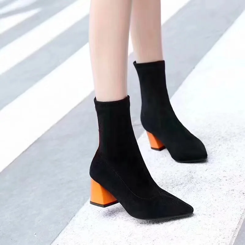 

Spring And Summer Ladies Thick With Pointed Middle Tube Cowhide Color Zipper European And American Stars New Women's Shoes