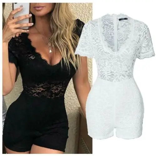 Mono Sexy de encaje con escote en V profundo para mujer, peleles, Mini pantalones cortos informales para fiesta de verano, Blanco/negro