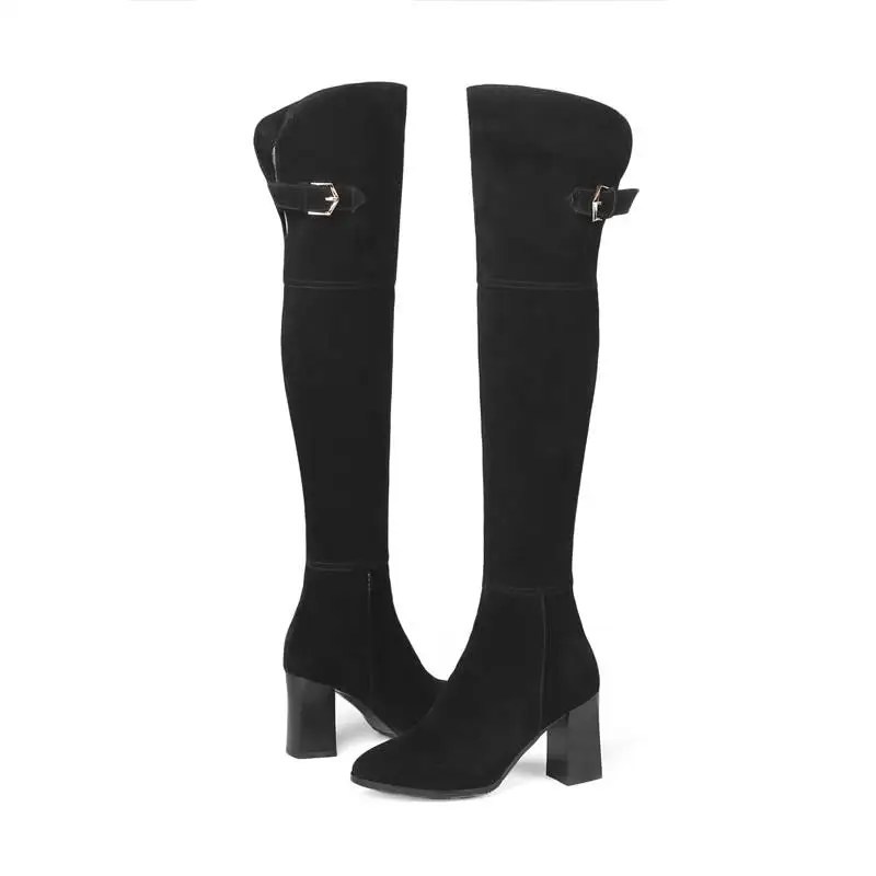 Negro Sobre Botas Sexy Tacón Cuero Otoño Rodilla De La Zapatos Para Alto Con Superior Mujer Calidad Morazora Cremallera Gamuza Vaca 2018 Invierno FOqpO75w1