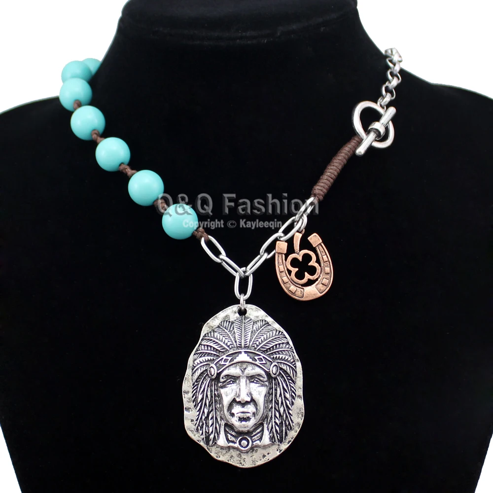 New Vintage Silver Native 3D Indian Chief Horse Shoe Turquoise Toggle Zuni Chain Necklace Top