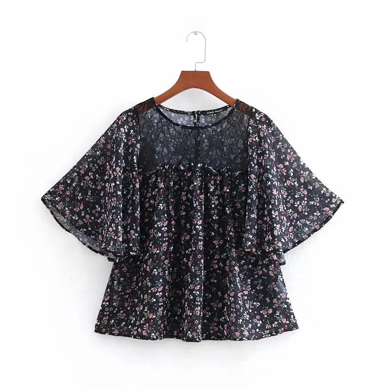 

women fashion floral print casual chiffon smock blouses shirts women lace crochet patchwork femininas blusas chemise tops LS3512