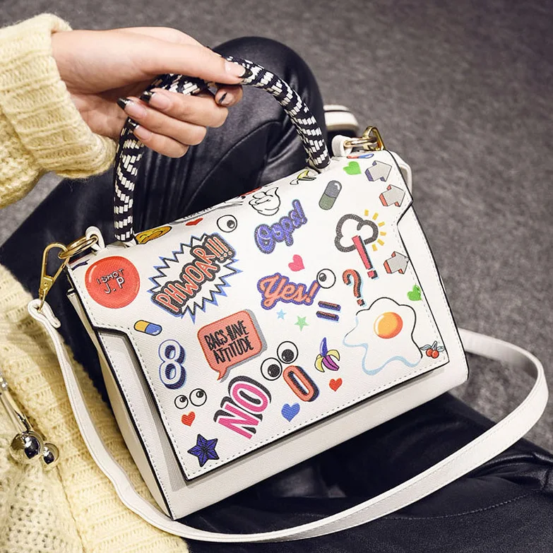 Women Bags 2017 PU Leather Designer Handbags High Quality Vintage Clutch Shoulder Bags Female Cartoon Printing Bolsa Feminina