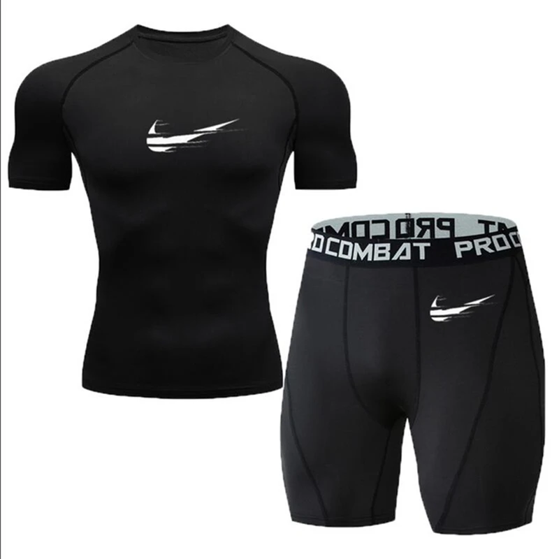 

Compression Muscle Men Tracksuit Demix Running Set Fitness Tight T-shirt Legging Shorts Men's Sportswear Gym Sport Suit
