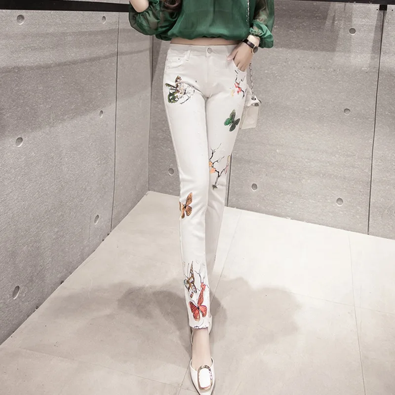 

High Quality Fashion Boyfriend Women print jeans female trousers white personalized skinny pants Femme pencil pants plus size