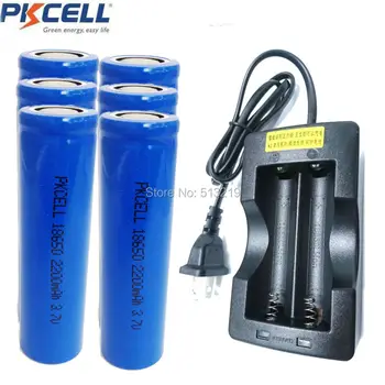 

6 x 18650 ICR18650 2200 MAH 3.7V Li-ion Rechargeable Battery Flat Heaher with 18650 2slot Double Slot EU/US Plug Charger