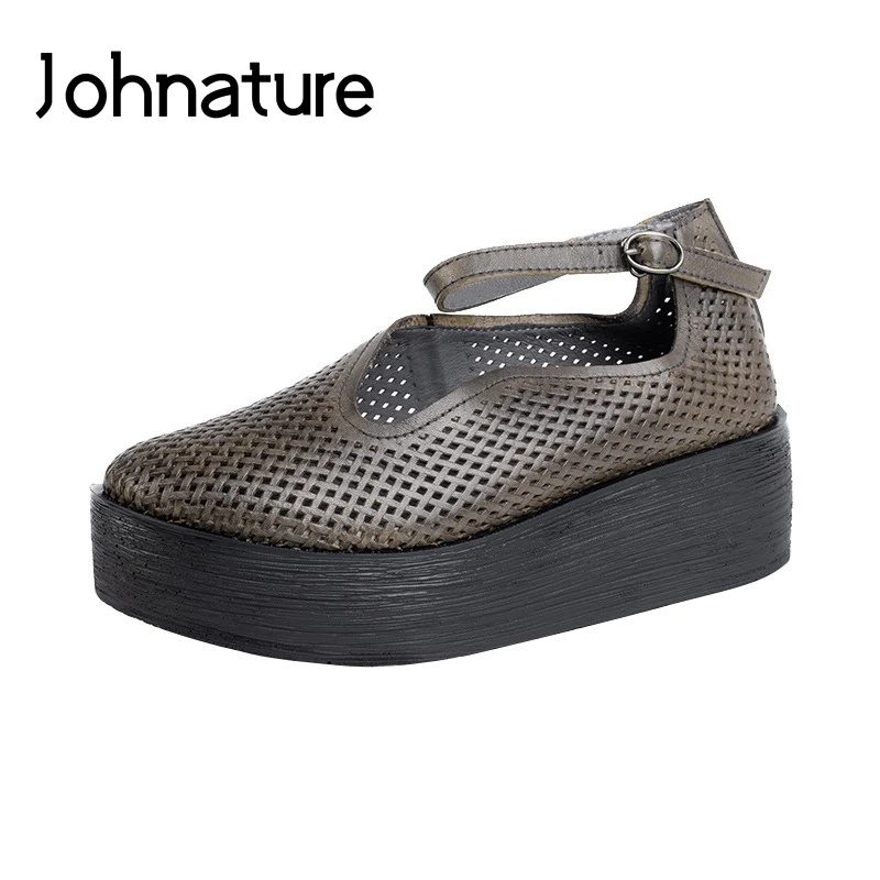 

Johnature 2019 New Spring/Summer Genuine Leather Round Toe Casual Buckle Strap Wedges Sewing Retro Platform Women Shoes Pumps