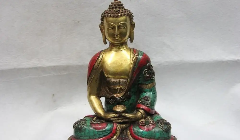 

11 Tibet Copper Bronze Gilt inlay turquoise Ruby beryl Amitayus Sakyamuni Buddha 8.02