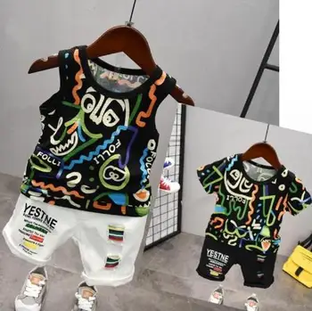 

Young children's baby boy suit short-sleeved cotton color T-shirt tops + shorts fashion casual children's clothing 2-6Y