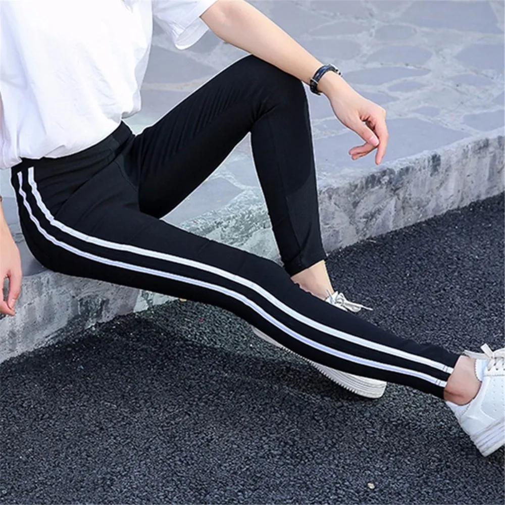 

2018 High waist Pants Trousers the side white strip of elastic Women Drawstring Waist Skinny Pants black Ribbed Knit Sweatpants
