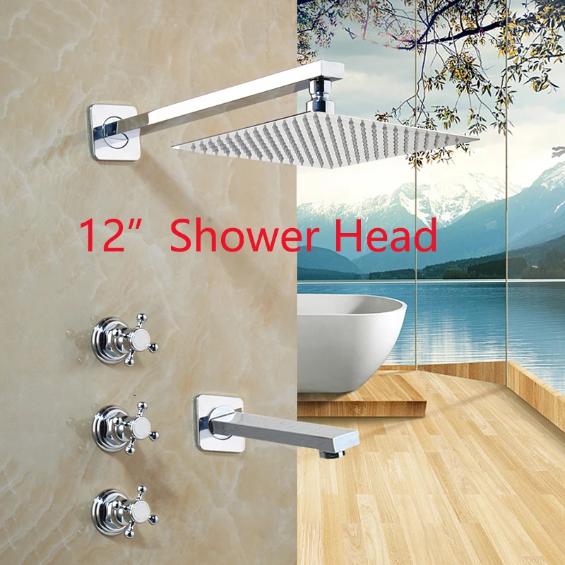 Bathroom Chrome Finished Shower Faucets Wall Mounted Shower Faucet Round Square Rainfall Shower Head Water Mixer Shower Sets - Цвет: 12 inch shower set