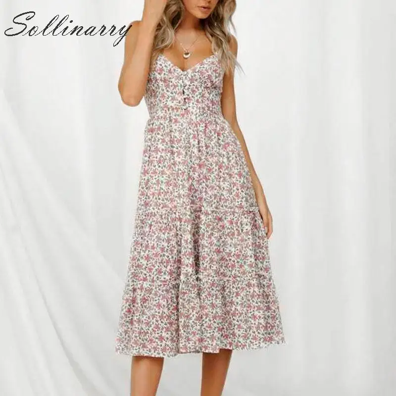 

Sollinarry Bohemian Boho Women Midi Dress Elegant Spaghetti Strap Floral Buttons Ruffles Dress Female Pink Casual Dress Vestidos