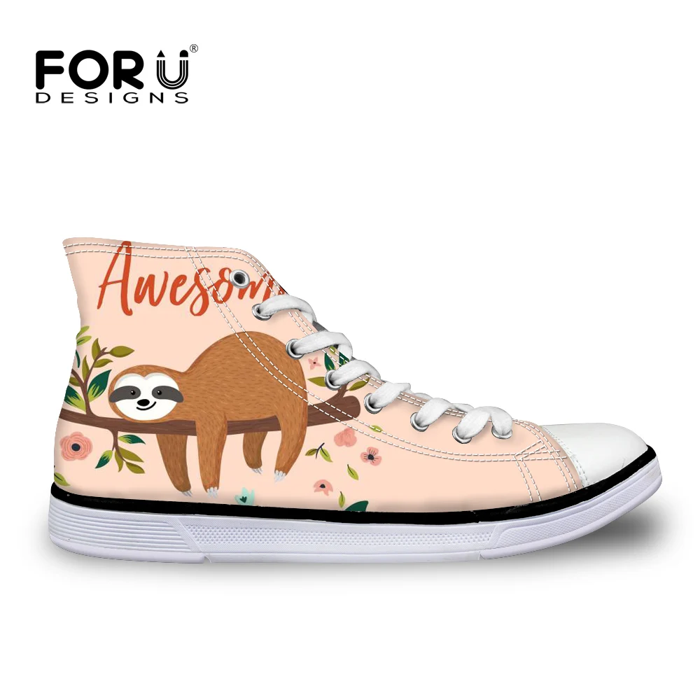 

FORUDESIGNS Classic High Top Women Canvas Shoes Flats Cute 3D Cartoon Sloth Pattern Brand Women Sneakers Vulcanize Ladies Shoes