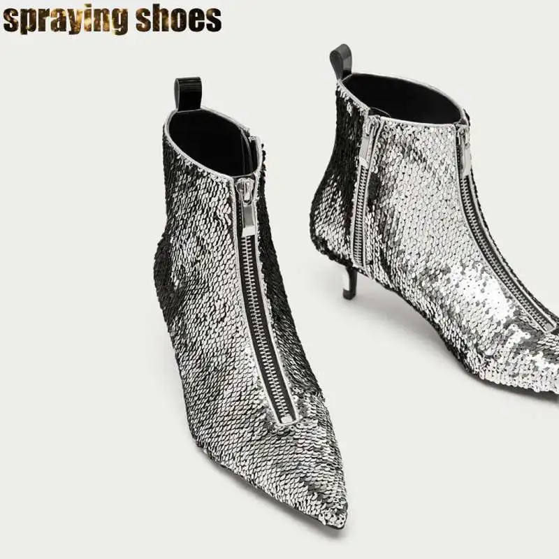 

Bling Sequins Women Ankle Boots Pointed Toe Zip Decor Sexy Chelsea Boots Silver/Gold Ladies Shoes Winter Booties Woman Big Size
