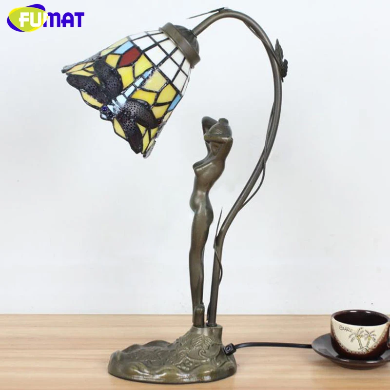 FUMAT Tiffany Stained Glass Desk Lamps Girls Gift Grape Rose Dragonfly Pearl Morning Glory Pattern Table Night Lights  33.