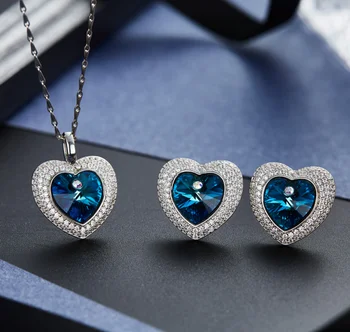 

Simple Heart Woman sliver Necklace Earring Jewelry Sets blue