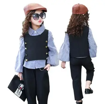 

3pcs Children Girls Clothing Sets Autumn Teenage Girls Clothes School Kids Clothes Striped Shirt Vest Girls Clothes Tracksuit
