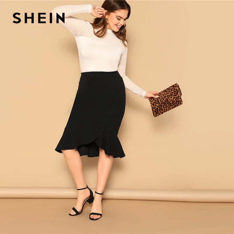 SHEIN черная Офисная Женская юбка с асимметричным подолом оборками размера плюс