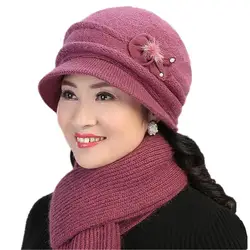 Осень-зима кролика вязаный шерстяной Для женщин теплая шапка шарф набор бассейна Шапки шапочки мать шляпа утолщение плюс бархат женские