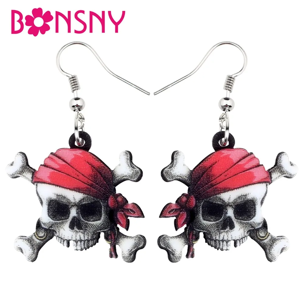 Bonsny Acrylic Halloween Anime Pirate Skull Earrings Drop Dangle Novelty Punk Jewelry For Women Girls Teens Gift Novelty Bijoux