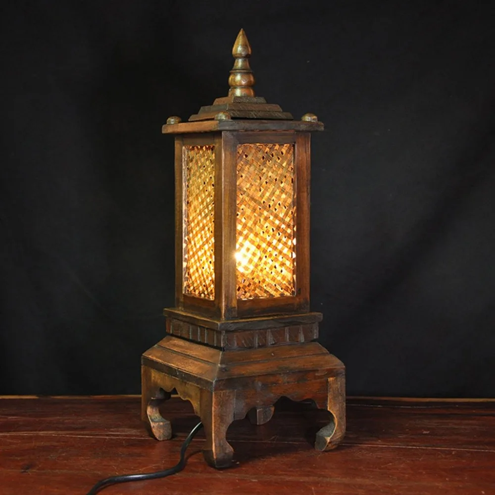 Us 89 0 Thai Style Art Wooden Tower Modeling Table Lamp Bamboo Lampshade Wood Carving Traditional Decor Bedroom Living Room Table Light In Desk