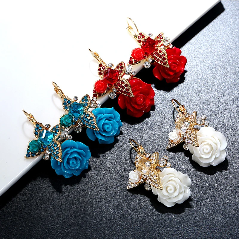 Wedding Romantic Fashion Jewelry Women Crystal Butterfly Resin Rose Flower Drop Earring Girls Boho Ethnic Bridal Dangle Earrings