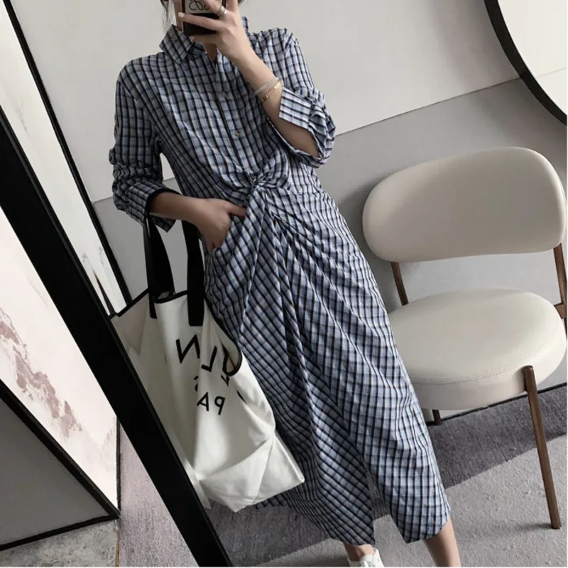 

[EWQ] 2019 summer new Korean style Blue Plaid Long sleeve lapels knotted Mid-Calf loose Ladies clothing trend women dress QG851