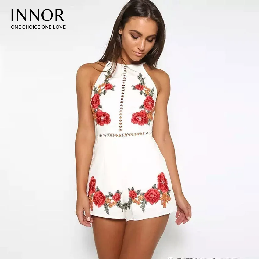 Women 2017 Halter Playsuit Innor Elegant Bodysuit Flower Rompers Embroidery Backless New Sexy Floral Out Summer Hollow n8wdxwgzqZ