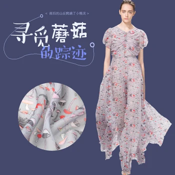 

100%Pure PRINTED SILK CHIFFON 135cm width 8momme Silk Chiffon Roll Yarn Fabric New Arrival 2018 Free Shipping Mushroom Elf 048