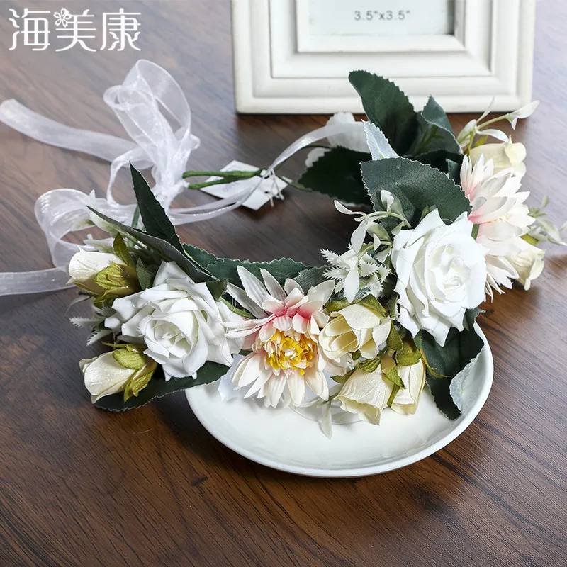 Haimeikang Women New Boho Handmade Flower Crown Hair Bands Garland Wedding Vacation Flowers Wreath Headdress Hair Accesories