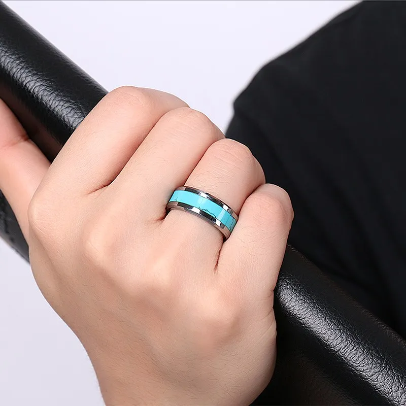 8 мм Классический Простой дизайн вольфрамовые кольца для мужчин голубой бирюзовый натуральный камень кольца для мужчин Шарм вечерние кольца Mujer