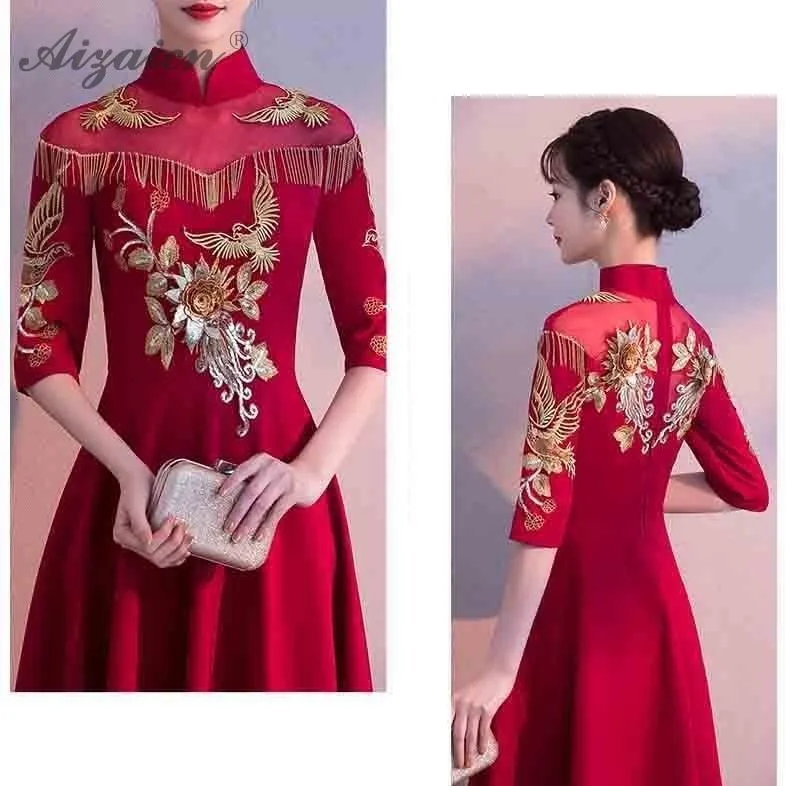 Современные красные с кисточками вышивка Cheongsam Длинные вечерние платья Qi Pao женское традиционное китайское свадебное платье Qipao Акция