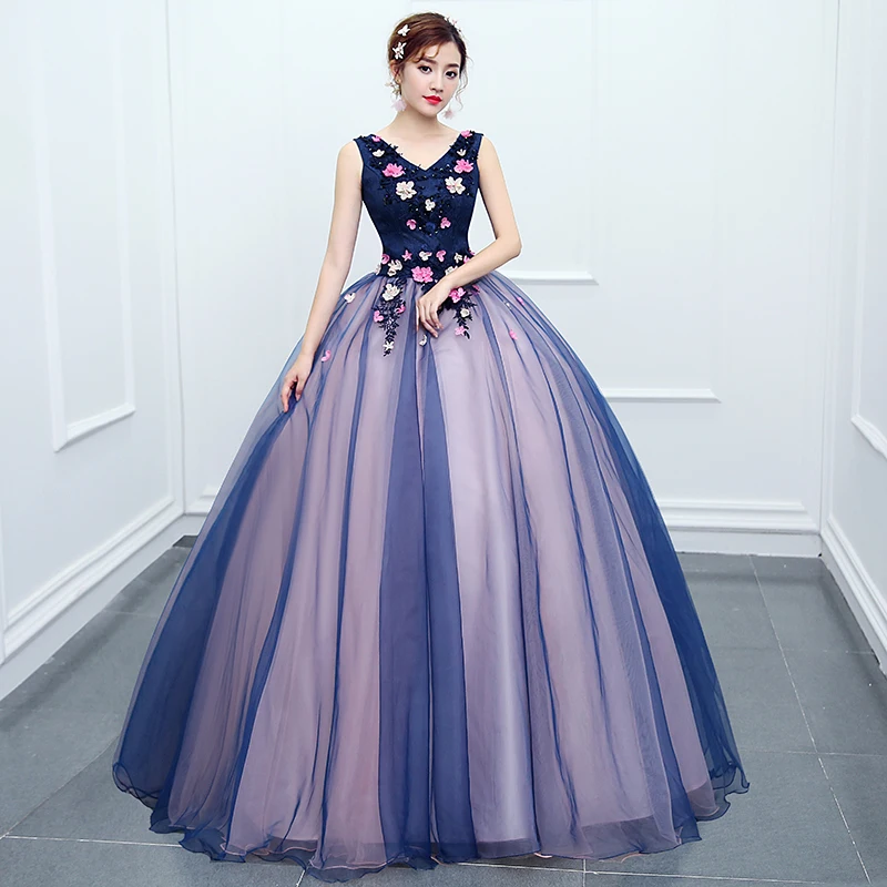 

V-Neck Sleeveless Quinceanera Dresses 2019 New Appliques 3D Flowers Long Prom Quinceanera Gown Navy Blue Pink Formal Party Dress