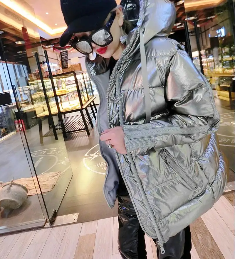 Зимняя теплая куртка модный металлический Серебряный пуховик большой размер хлопковое пальто женские зимние куртки с капюшоном парка Утепленные Пальто - Цвет: gray coat
